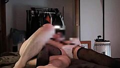 Subtle handjob from amateur Asian in stockings leading to cum release