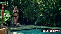 This blonde teen babe got bent over for rough doggystyle after a quick blowjob, sucking that cock deep.