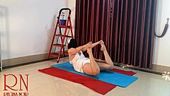 Curvy milf in white panties teases with nude yoga moves in gym close up on big pussy lips