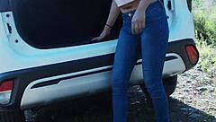 Piss stop turns into urgent outdoor pee and cock sucking by asian girl tina