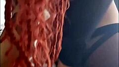 she slips into lingerie and stockings, teasing with her hairy pussy and bare feet before heading out to meet her husband