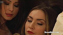 hot lesbian slave in white lingerie fingering madame's pussy. she licks and dominates in bondage with orgasm.