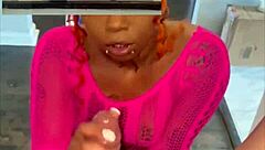 Ebony curvy girl licks balls and rides big black cock to creampie on stairs