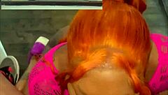 Ebony curvy girl licks balls and rides big black cock to creampie on stairs