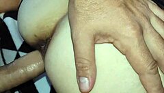 amateur milf wife in lingerie and stockings rides cowgirl for anal assfucking close up