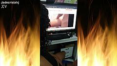 Jade, the spectacular brunette, teases in fishnets and lingerie while flashing her shaved pussy. She gets wet and wild for the camera.