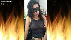 Jade, the spectacular brunette, teases in fishnets and lingerie while flashing her shaved pussy. She gets wet and wild for the camera.