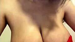 my stepmom showed off her huge milky tits while wearing a red dress