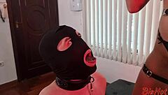 Watch this hot Brazilian dominatrix humiliate her slave with foot worship and spit on his tiny cock!