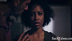 Black model licks ebony pussy in interracial tribbing then rides big tits in humiliating girl on girl session