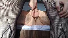 My girlfriend moans loudly riding my cock in reverse cowgirl with fishnets on in our bedroom. She feels so submissive and wet.