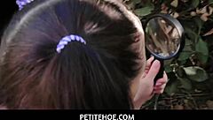 How does this busty petite teen handle rough fuck with deepthroat and handjob?