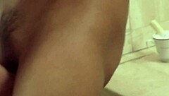 Horny brunette babe in fishnets gives blowjob. Cute petite girl with natural tits enjoys quickie pussy fucking.