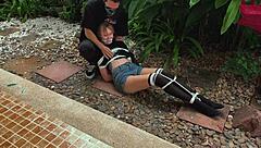 he caught the cute blonde teen outdoors and punished her by tickling her pretty feet until she moaned.