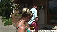 Blonde European mature suggests double fun with young cocks