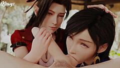 tifa gets big tits blowjob with cum in mouth and cumshot. aerith watches on the side.