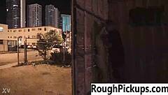 Sexy slut gets picked up outdoors for public group banging.