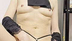 In the kitchen, a blonde european babe uses a dildo for homemade masturbation leading to an intense orgasm