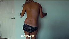 Wife rips off her tight denim shorts and teases with big tits.