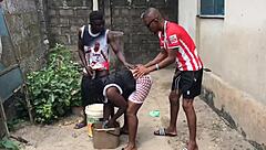 oh man i cant believe we two brothers are pounding our stepmother by the well side with her big ass tits