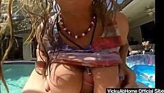 Blonde Vicky Vette receives a finish on her ample chest after intimate play