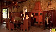 This blonde and brunette pair of medieval hotties dive into outdoor lesbian action with ass licking, fingering, and pussy play