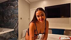 Brunette bimbo Roxy with big tits and hairy pussy submits to maledom domination including rough ass licking, deepthroat, spanking, and sloppy rimjob in homemade scene.