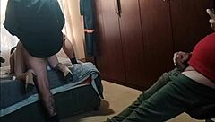 stepdad and his friend take turns riding my wet pussy in bedroom mmf threesome with creampie cum on ass. they spread my legs wide for huge cock fucking