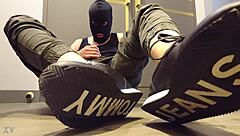 Contrasting solo wank session happens right inside tight sneakers for intense satisfaction.