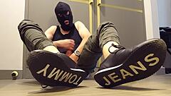 Contrasting solo wank session happens right inside tight sneakers for intense satisfaction.