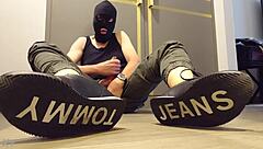 Contrasting solo wank session happens right inside tight sneakers for intense satisfaction.