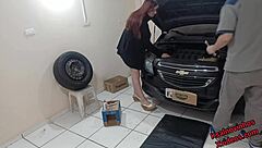 boss felt aroused and tempted the mechanic so they had a session right there in the workshop