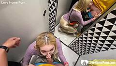Oh man, my blonde gf with glasses and lipstick gets on her knees for a homemade blowjob in the shop changing booth, sucking my tattooed cock until cumshot! 😏🍆💦