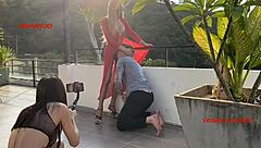 Will this stylish horny ladyboy with big cock in red dominate and fuck her skinny client?