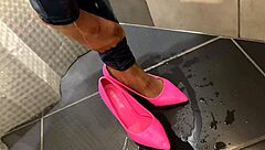 She was desperate to pee in her jeans, then he peed on her ass while she gave him a blowjob in that homemade pov scene.