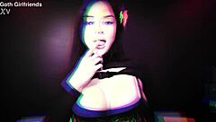 Rei Sky takes rough doggystyle pounding from goth girlfriend then gets belly covered in jizz