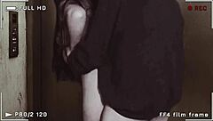 wtf this girl in skirt and fishnet stockings is fucking and getting creampie in elevator