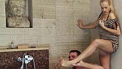 Blonde Does Striptease as Husband Relaxes in the Bath with Cock Out