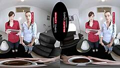 Czech brunette dives into outdoor public threesome with muff licking and spooning in reality VR