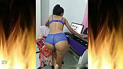 Beautiful brunette poses in blue lingerie for trailer 01