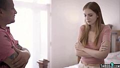 Imagine what happens when a voyeur neighbor spots a petite redhead teen alone at home