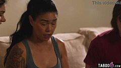 Stepdaughter and stepson felt terrified in the dark bedroom so caring stepmom joined to soothe them both gently