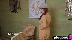 huge natural tits redhead milf minxie boldly strips lingerie and poses naked after striptease