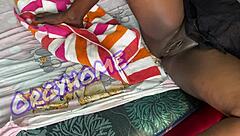 Does this ebony housewife tempt you with her juicy shaved pussy in a wild sex game?