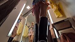 hot blonde without panties, try on haul see-through clothes... hidden camera in dressing room catches upskirt tits and wet pussy