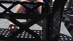 Rubbing suncream on tits during public sunbathing. Blonde housewife flashes petite body at the beach.