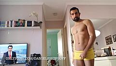 Man Prepares for Work While Stroking His Massive Gay Cock in Homemade Solo Session