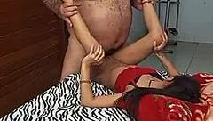 young girl likes old man's muscular body hairy armpit and belly