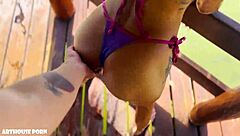 Petite Latina Violeta Grey starts sucking then rides for oily footjob cum on feet