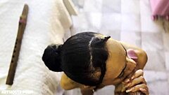 Petite Latina Violeta Grey starts sucking then rides for oily footjob cum on feet